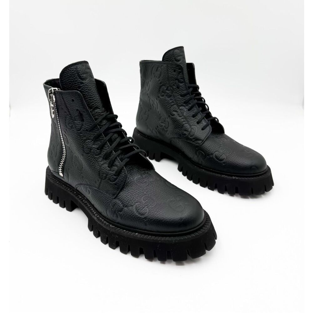 Gucci GG Monogram Embossed Leather Combat Boots EU 41 US 11